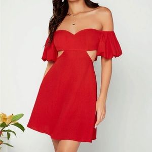 Red cutout, puff sleeve dress